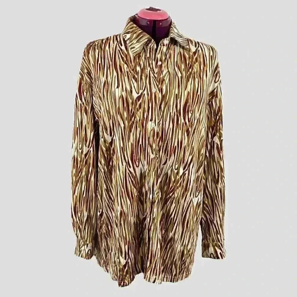 Shein Women's Oversized Button Down Shirt XL Brown Abstract Stripe Long Sleeve